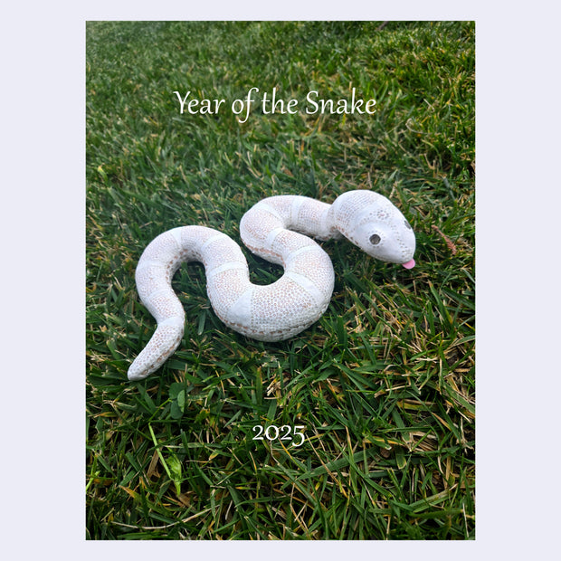 Sculpture of a white snake, sitting atop of grass. It has delicate patterning on its body making up its scales with thin white stripes. Text is written that reads "Year of the Snake 2025"