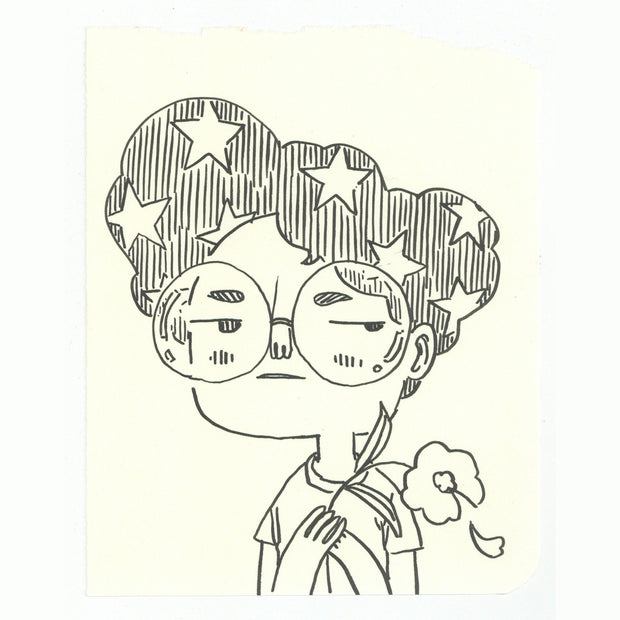 Marker illustration of a character with glasses and a fluffy star patterned hair.