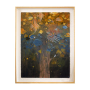 Painting of a large dark tree trunk, with an ombre effect of fish filling the foliage in. Fish go from yellow to blue to a dark background. Various paint splatters and falling gingko leaves decorate the piece.