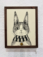 Ink illustration portrait of a cartoon cat wearing a striped scarf and a bell around its neck. It has a quizzical expression and tall, pointed ears.