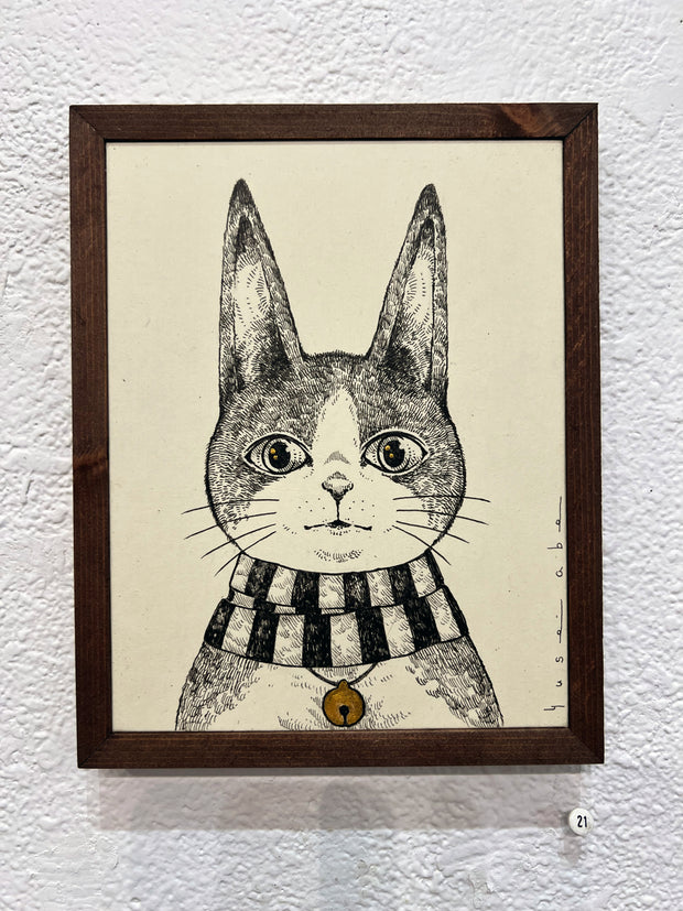 Ink illustration portrait of a cartoon cat wearing a striped scarf and a bell around its neck. It has a quizzical expression and tall, pointed ears.