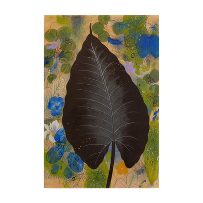 Painting of a large black leaf with white detail lining and gold speckles. Background has various simplified nature elements such as green leaves and blue flowers. A small silhouetted figure stands atop the leaf.