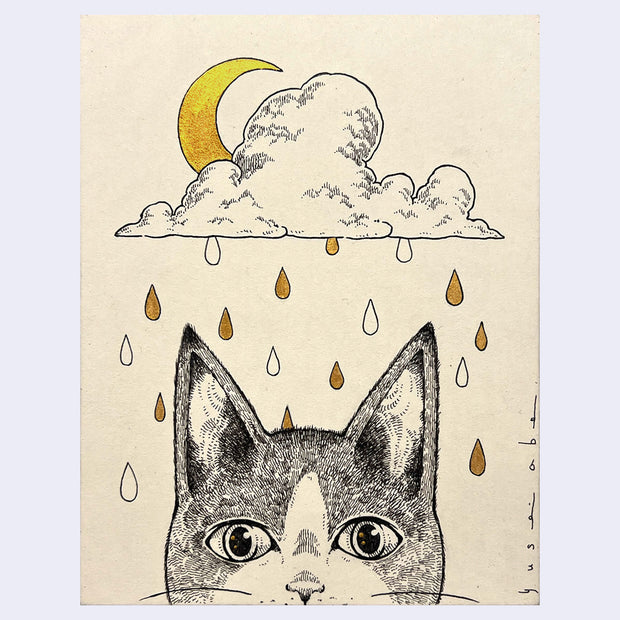 Ink illustration portrait of a cartoon cat, visible only from the nose up. Behind its head is a cloud, a golden crescent moon and gold and white rain drops falling.