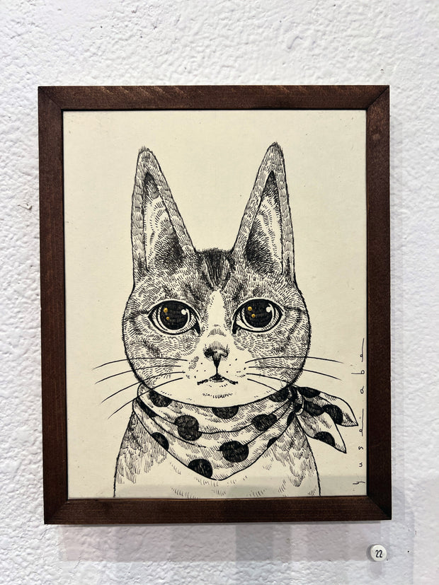 Ink illustration portrait of a cartoon cat wearing a polka dot bandana. It has a serious expression and tall, pointed ears.