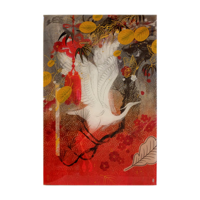 Painting of a white crane, mid flight with its wings spread behind its back. Background is a gray to red gradient with gold leaves and line art of butterflies and fish. Piece is done in a layered collage-like style.