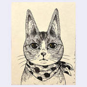 Ink illustration portrait of a cartoon cat wearing a polka dot bandana. It has a serious expression and tall, pointed ears.