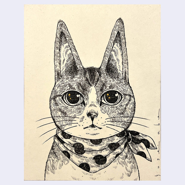 Ink illustration portrait of a cartoon cat wearing a polka dot bandana. It has a serious expression and tall, pointed ears.