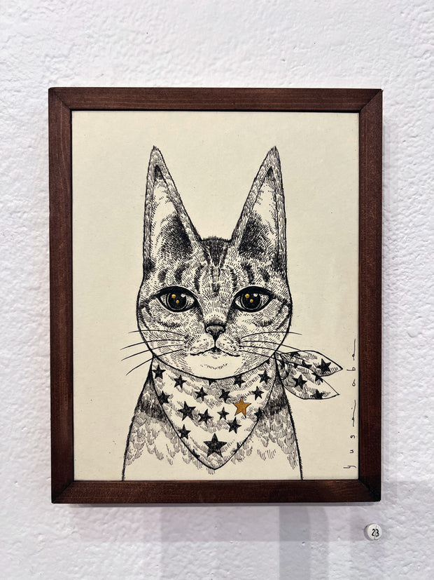 Ink illustration portrait of a cartoon cat wearing a star patterned bandana around its neck. It has a stoic expression and tall, pointed ears.