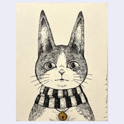 Ink illustration portrait of a cartoon cat wearing a striped scarf and a bell around its neck. It has a quizzical expression and tall, pointed ears.