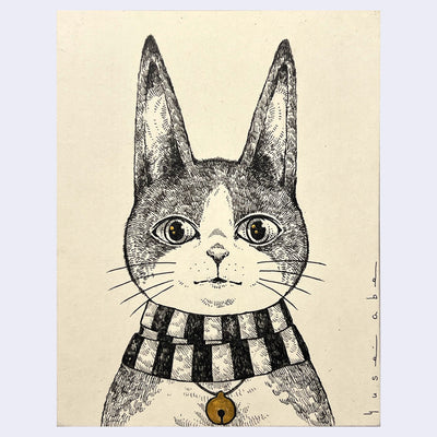 Ink illustration portrait of a cartoon cat wearing a striped scarf and a bell around its neck. It has a quizzical expression and tall, pointed ears.