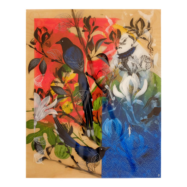 Painting on exposed wooden panel of 2 magpies, mostly black with blue highlights. They sit on a branch with many painterly leaves and white flowers nearby. Background is abstract color blocking, red and blue to make the piece look like a collage of sorts. 