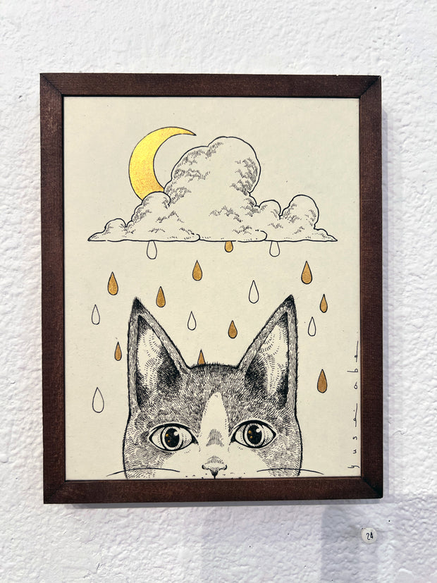 Ink illustration portrait of a cartoon cat, visible only from the nose up. Behind its head is a cloud, a golden crescent moon and gold and white rain drops falling.