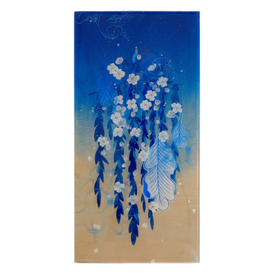 Painting of a series of hanging branches, all blue with hanging blue leaves. A small woman sits atop the branch amongst white flowers. Background is a bright blue to tan gradient. 
