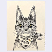 Ink illustration portrait of a cartoon cat wearing a star patterned bandana around its neck. It has a stoic expression and tall, pointed ears.