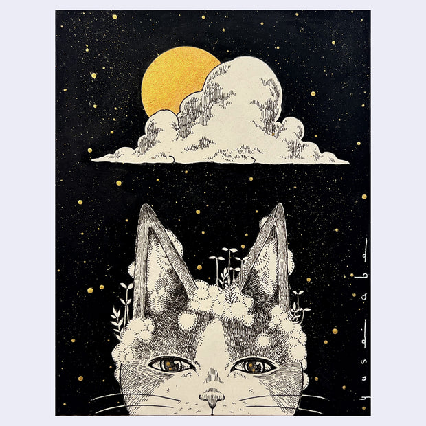 Black ink illustration of a cat portrait, seen only from the nose up. Greenery sprouts atop its head. A single fluffy cloud and a gold moon are overhead.