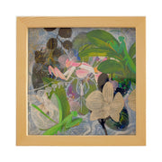 Painting of a light pink mantis, surrounded by 2 green mantises. All sit on a variety of leaves of different transparencies and colors, assembled like a collage of sorts. A thin woman stands in the center of the piece.