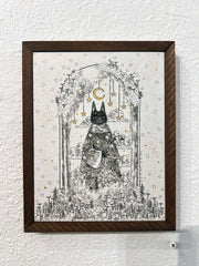 Ink illustration of a black cat standing like a human and wearing a large cloak. It holds a flower and is framed by an arch with hanging stars, a moon and growing greenery. 