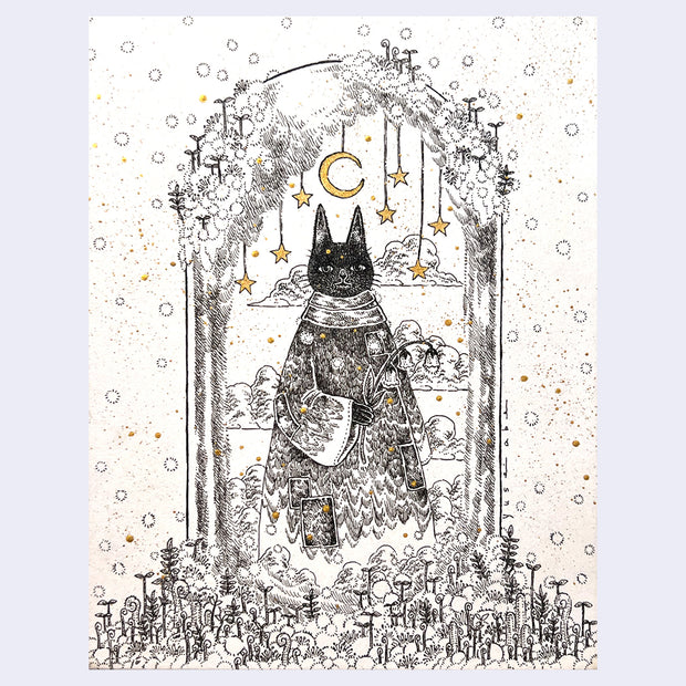 Ink illustration of a black cat standing like a human and wearing a large cloak. It holds a flower and is framed by an arch with hanging stars, a moon and growing greenery. 