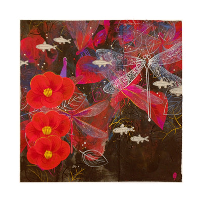 Painting of bright red flowers on a dark burgundy background. A large white line art dragonfly is the focal point, with a small woman turned to look at it. Piece has many different semi abstract nature elements such as leaves, fish and flowers to give the piece a collage feel.
