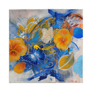 Collage style painting of 2 butterflies: one white, the other dark blue and several orange flowers. Various line art of butterflies, flower petals and leaves paired with painterly brush strokes makeup the background. 