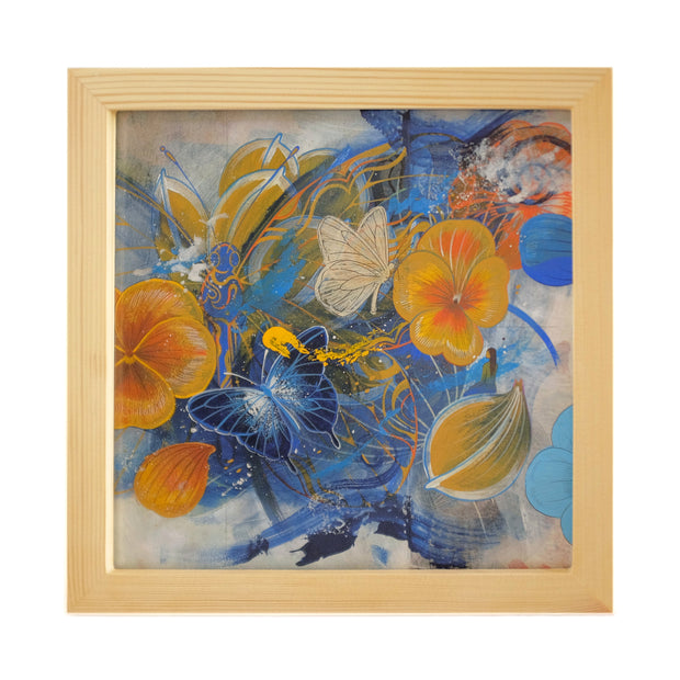 Collage style painting of 2 butterflies: one white, the other dark blue and several orange flowers. Various line art of butterflies, flower petals and leaves paired with painterly brush strokes makeup the background.