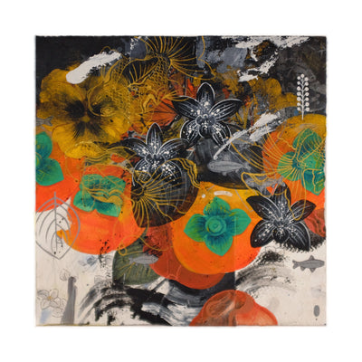 Painting of persimmons made up of many painterly elements, made to look like a collage. Elements include: black flowers, black and gold painterly brush strokes, simplistic fish and leaves and a small woman standing in the bottom left corner, looking up.