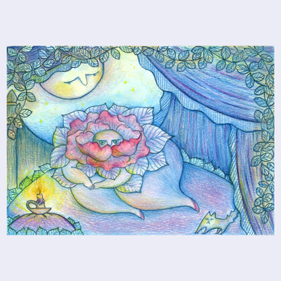 Colored pencil illustration of a rose with a stern face as its bud. It has thick legs and lays on a rounded bed, surrounded by curtains and vines as a full moon looks down overhead.