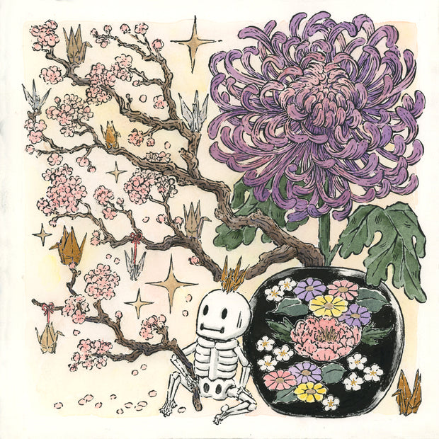 Ink and watercolor illustration of a small skeleton sitting next to a large potted purple chrysanthemum flower, with a cherry blossom branch growing as well. Many paper cranes sit on the branches.