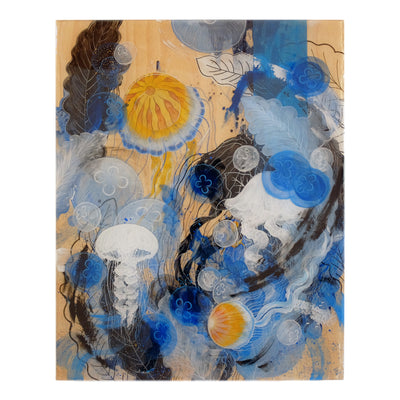 Painting on exposed wooden panel of several blue, white and gold jellyfish swimming atop one another with varying transparencies, creating a layered collage style look. A tiny woman sits atop a goldfish and looks off.