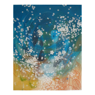 Painting of 2 blue koi fish, circled around one another. Obscuring them slightly are various white flowers and tiny petals. Background is blue to yellow gradient with line art of orange leaves.