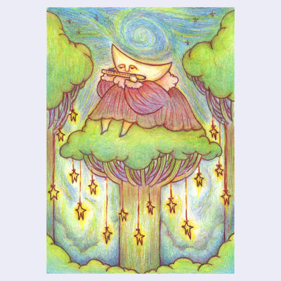 Colored pencil illustration of a character with a crescent moon for a head and a large red dress, sitting atop a tree and playing the flute. Background is a green and blue night sky with large trees and hanging stars.