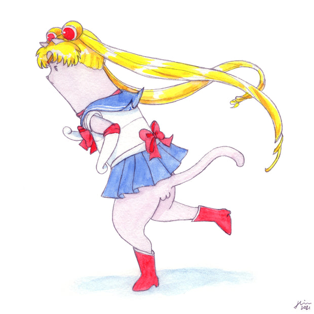 Illustration of a cartoon style purple cat dressed as Sailor Moon with long blonde hair. The cat's rear end is exposed under the skirt as it runs to the left.