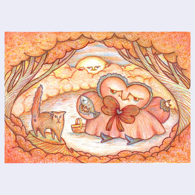 Orange toned illustration of a character with a heart shaped head and a large puffy dress, sitting on the ground near a picnic basket and holding a dead fish. Trees and clouds frame the scene, with a cat standing nearby angrily.