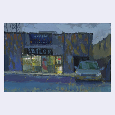 Plein air night scene painting of a parking lot in front of a tailor's shop. A car is backed into its spot and the scene is mostly dark blue with a slight illumination coming from the shop.