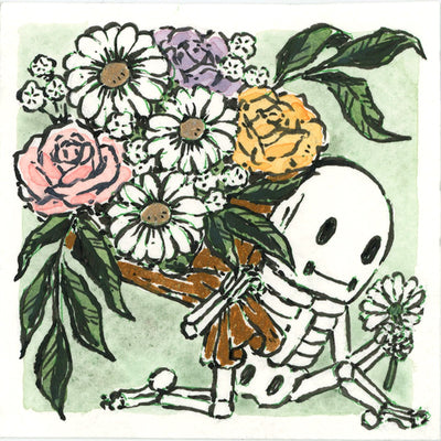 Ink and watercolor illustration of a cartoon skeleton holding a very large bouquet of white and pastel colored flowers, wrapped in gold paper.