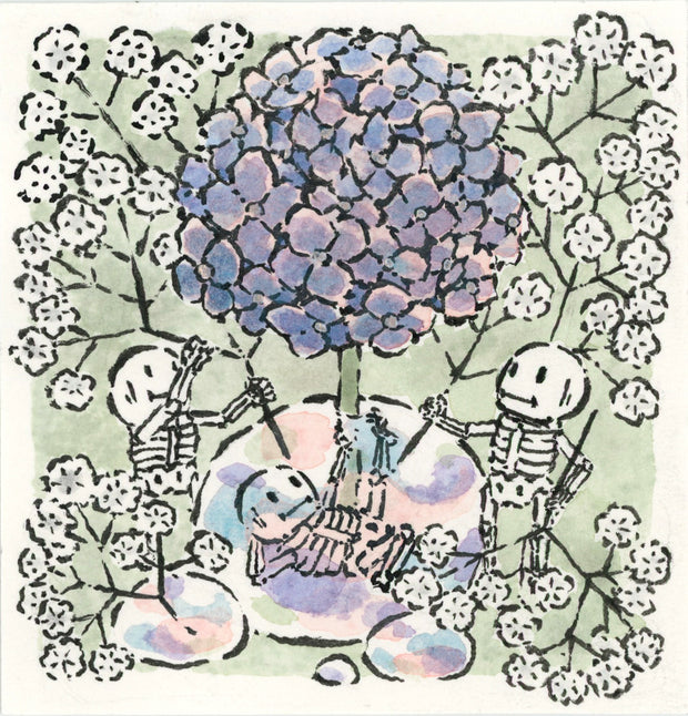 Ink and watercolor illustration of 3 small cartoon skeletons, standing next to a large purple hydrangea, which is stuck into a colorful bubble at the stem. Little white flowers surround the scene.