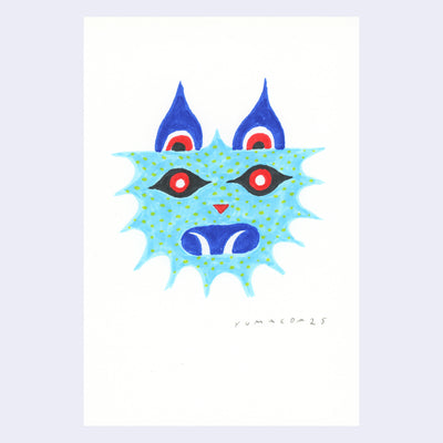 Marker illustration on white paper of a blue cat like animal creature with red and white eyes with black scelra. It has an open mouth with 2 curved fangs. It has blue ears that are pointed on top of its head.