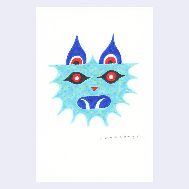 Marker illustration on white paper of a blue cat like animal creature with red and white eyes with black scelra. It has an open mouth with 2 curved fangs. It has blue ears that are pointed on top of its head.