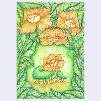 Colored pencil illustration of a centipede with a green body, yellow legs and a worried flower face. It looks up at disapproving flowers overhead. Green leaves frame the scene.