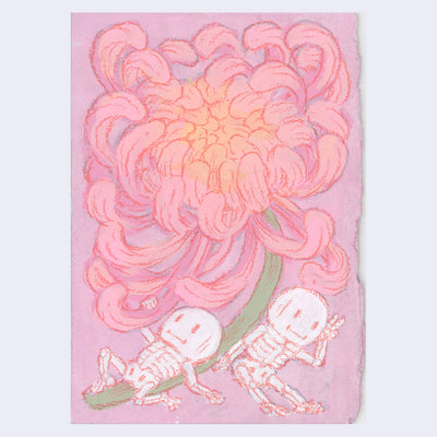 Softly rendered illustration of a pink flower with 2 small skeleton characters around it.