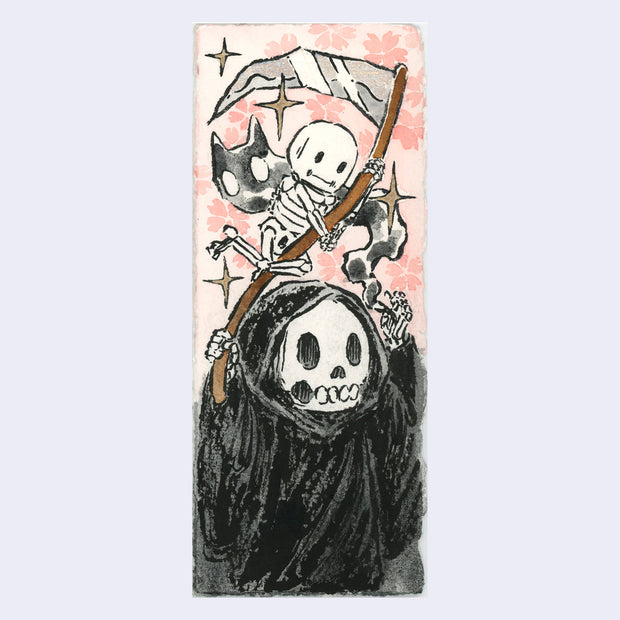 Ink and watercolor illustration of a cartoon grim reaper, holding up its scythe in one hand and a burning incense giving off a cat shaped cloud in the other. A smaller cartoon skeleton holds onto the scythe handle. 