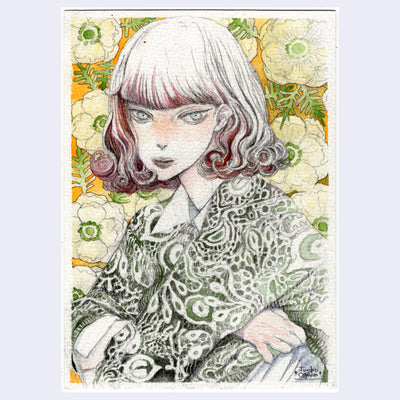 Pencil and watercolor illustration of a woman wearing a paisley patterned collared shirt and posing with her arms crossed over a chair or other object. Background is florals.