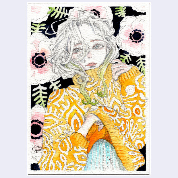 Pencil and watercolor drawing of a woman with disheveled hair wearing a yellow sweater with white geometric pattern. She holds up the collar to her neck and lifts up the bottom.