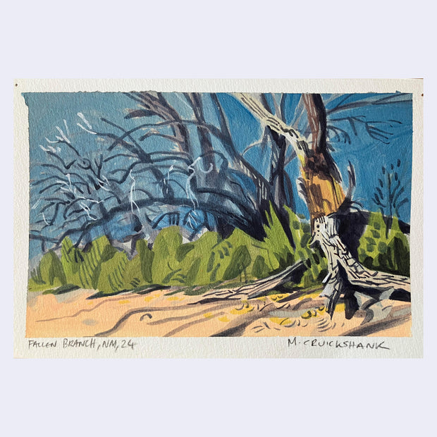 Plein air painting of a row of trees without any leaves and many scraggly branches. Ground is sand with green bushes lining it.