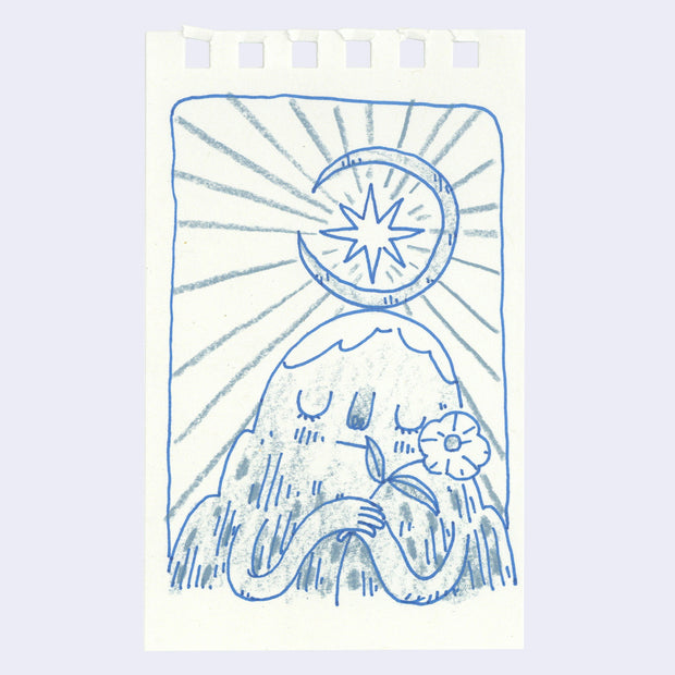 Blue line art illustration of a mountain with arms and a closed eye facial expression, holding a flower to its chest. A crescent moon and a star balance atop its head.