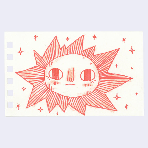 Red ink illustration of a sun with very pointy sun rays and a facial expression with large cartoon eyes and a straight mouth.