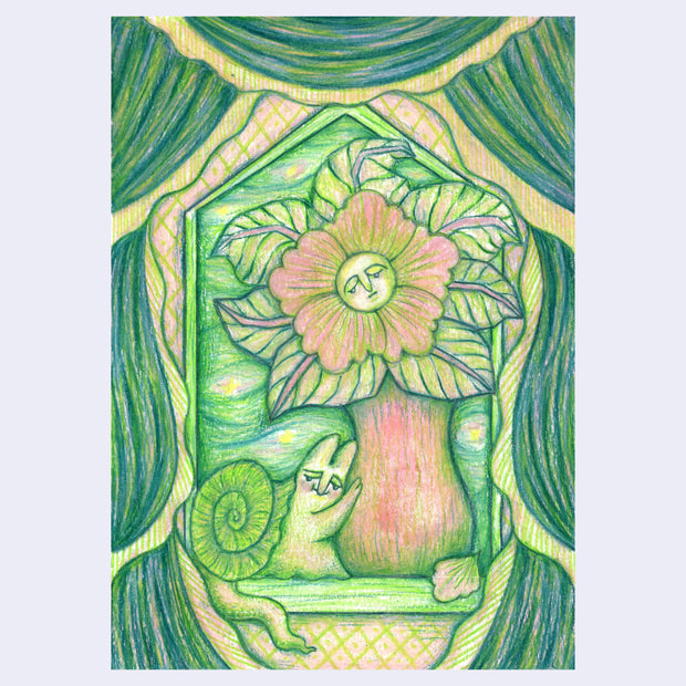 Colored pencil illustration, mostly greens yellows and pinks, of a flower vase with one large flower in it with a downcast face. Hugging the vase, lovingly, is a green snail.