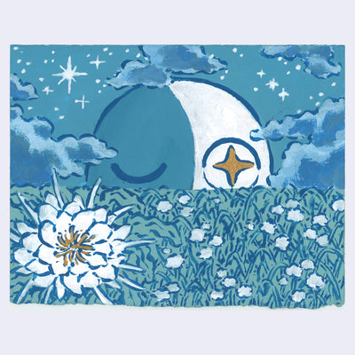 Illustration of a large moon over a field full of florals.