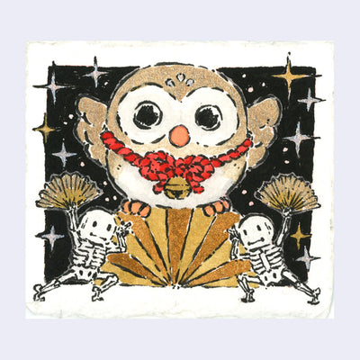 Ink and watercolor illustration of a cute, chubby brown owl standing atop of a spread out golden paper fan. 2 small cartoon skeletons stand dramatically on either side of it, holding their own hand fans.