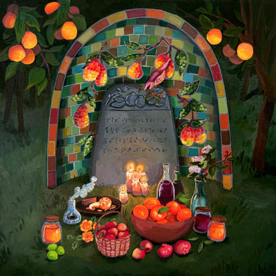 Painting of a gravestone in a dark forest, lit up by candles with lots of offerings set in front of it: fruit, jams, wines, flowers, and burning incense. The headstone is in front of a tiled mosaic of mangoes. A small bird sits atop the stone.